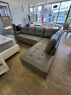 2 Piece Gray Sectional Leather Fabric - $39 Down - Financing Available - No Credit Needed