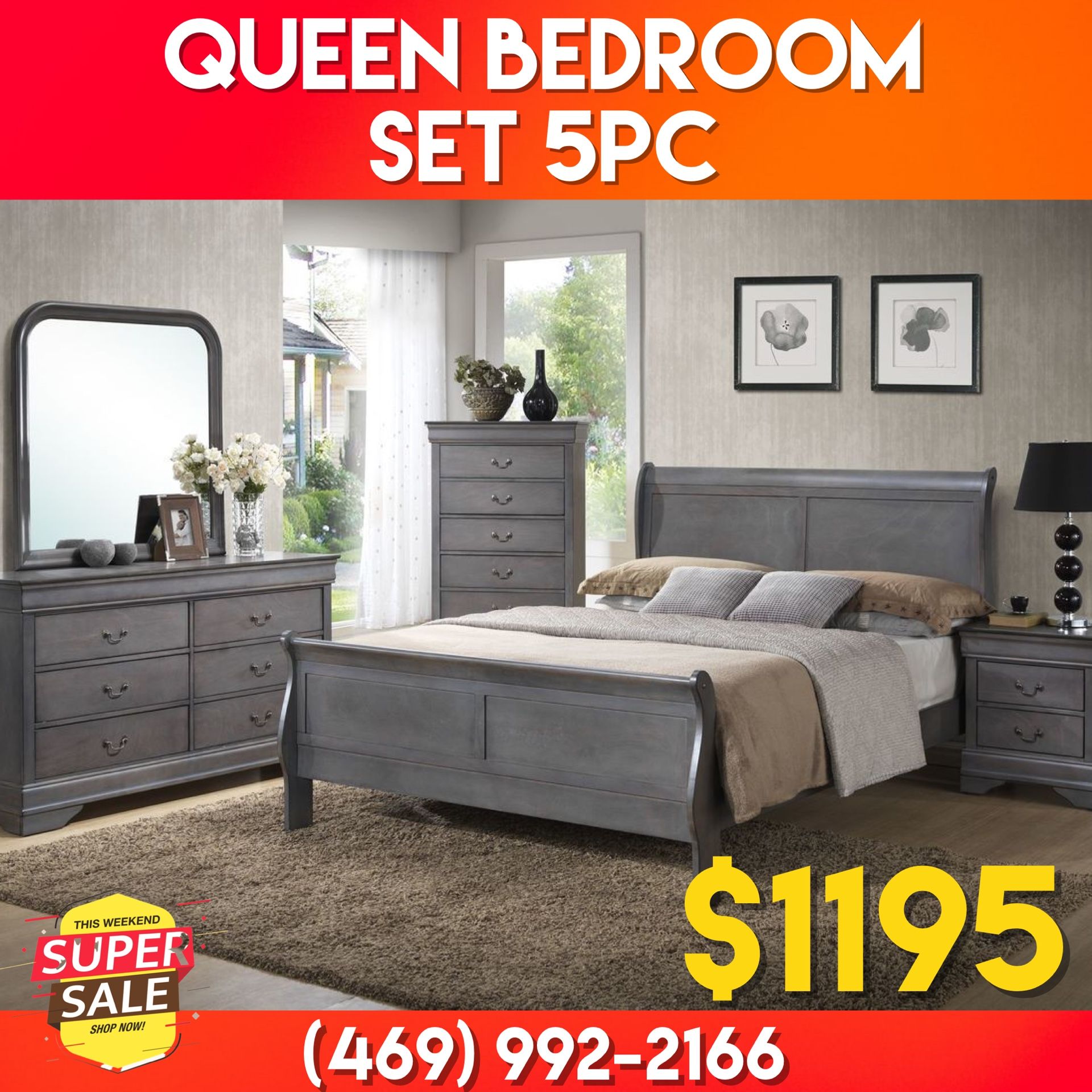 New In The Box 📦 Queen Grey Bedroom Set 5pc ( Bed, Dresser, Mirror, Chest, Nightstand ) - Delivery And Financing Available 