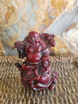 Happy Buddha Money Coins Wealth Red Resin Laughing Figurine Feng Shui 3 3/4"