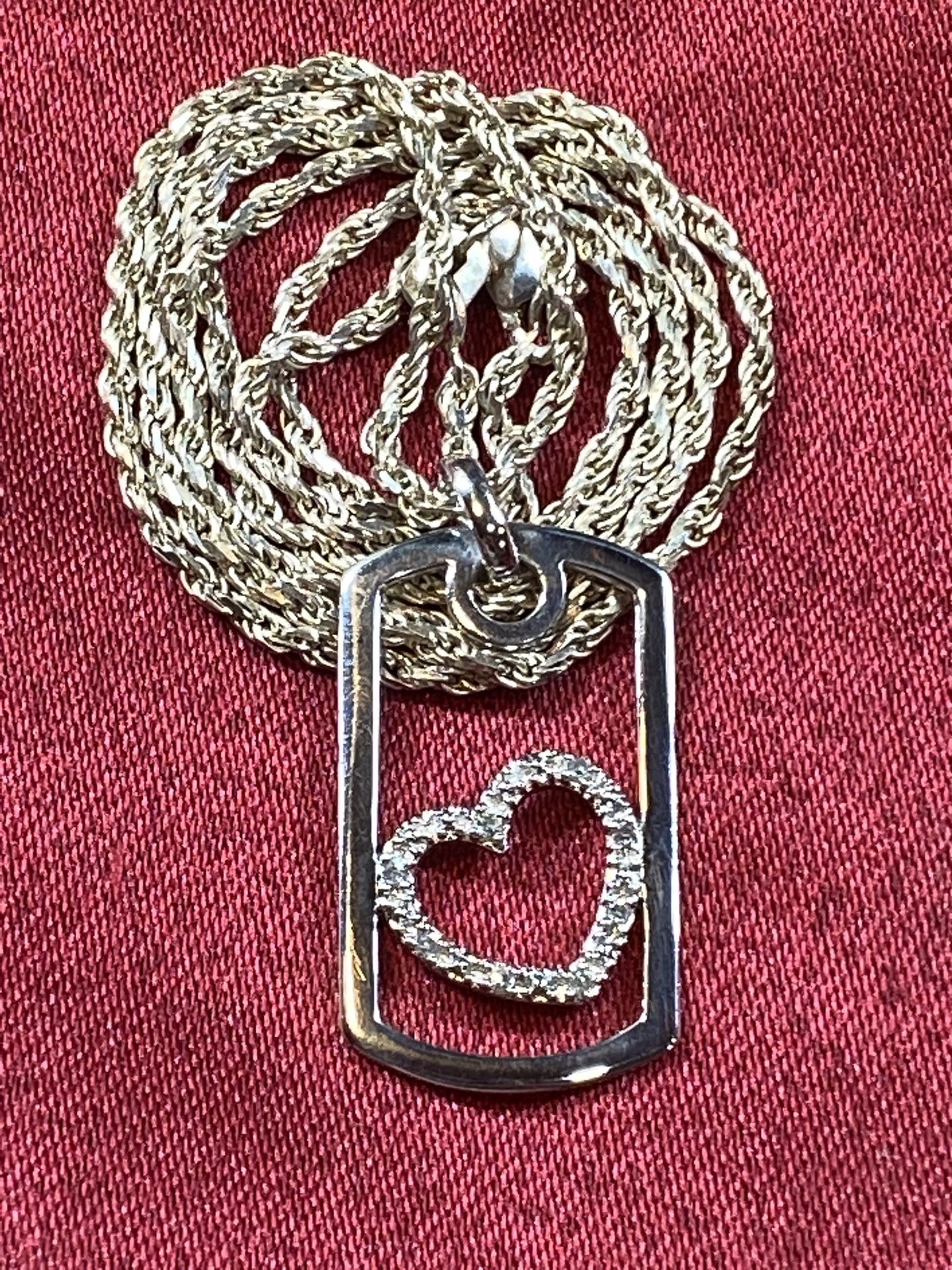 Vintage 925 Silver Heart Pendant With 8 Diamonds On Sterling Necklace Rope Chain