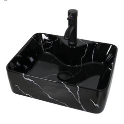 Bathroom Vessel Sink, White Ceramic Vessel Sink for Bathroom,Rectangular Ceramic Basin with Faucet & Drainer Set,19 * 15"