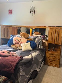 Solid Oak Queen Headboard Wall Unit w/ Mirrors, Lights & Storage