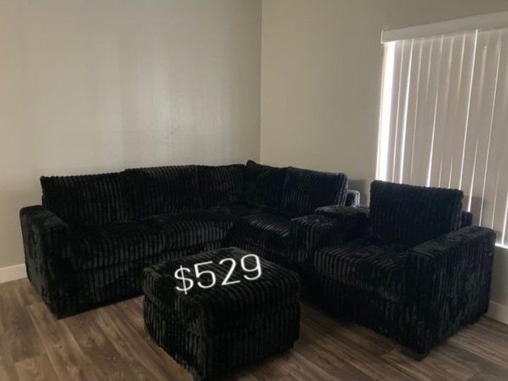 Elegant Fur Like Jumbo Corduroy 4 Pc Sectional Sofa W/Ottoman USB Console & Cup Holders