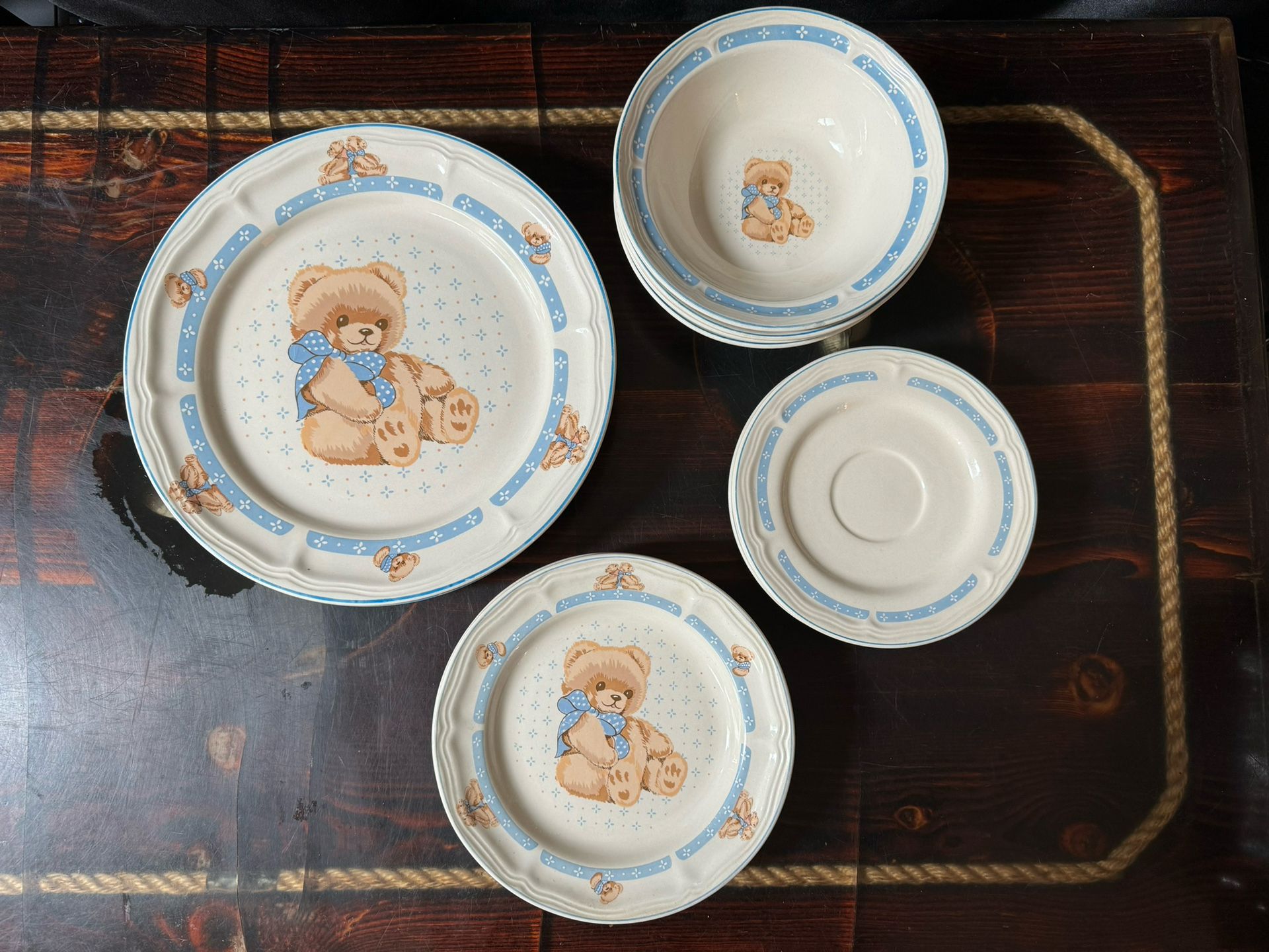 Vintage Tienshan Stoneware Country Bear Dinner Plates Set 14