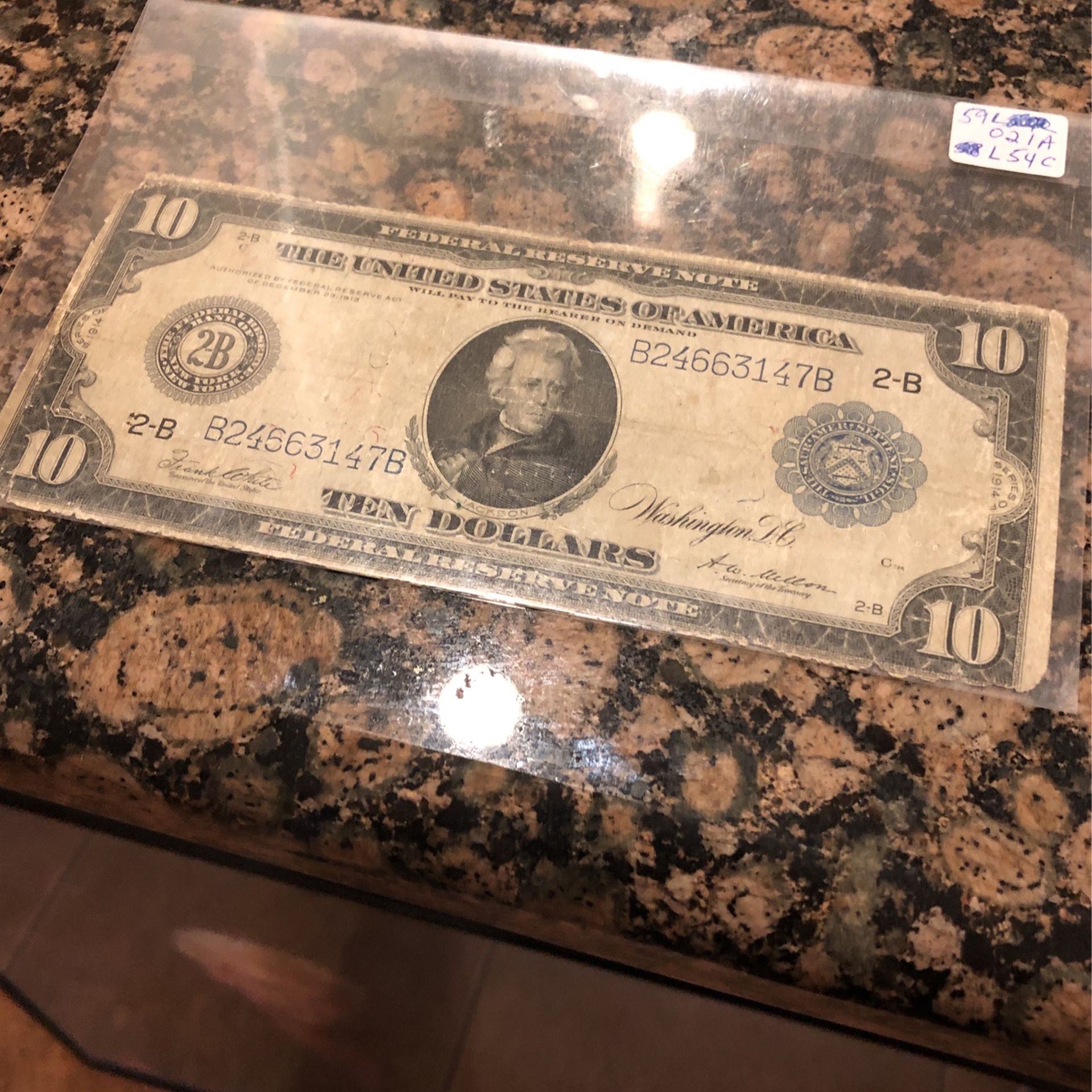 Vintage Large Sized 10 Dollar Bill From 1914