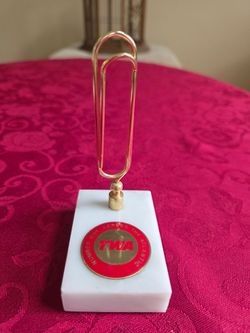 Vtg TWA Airline Desk Paper Clip Holder White Marble Base Trans World Airlines
