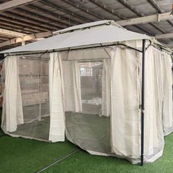 10' x 13' Outdoor Patio Gazebo with Curtains and Netting, 2-Tier Roof Pavilion Vented Canopy Tent, Steel