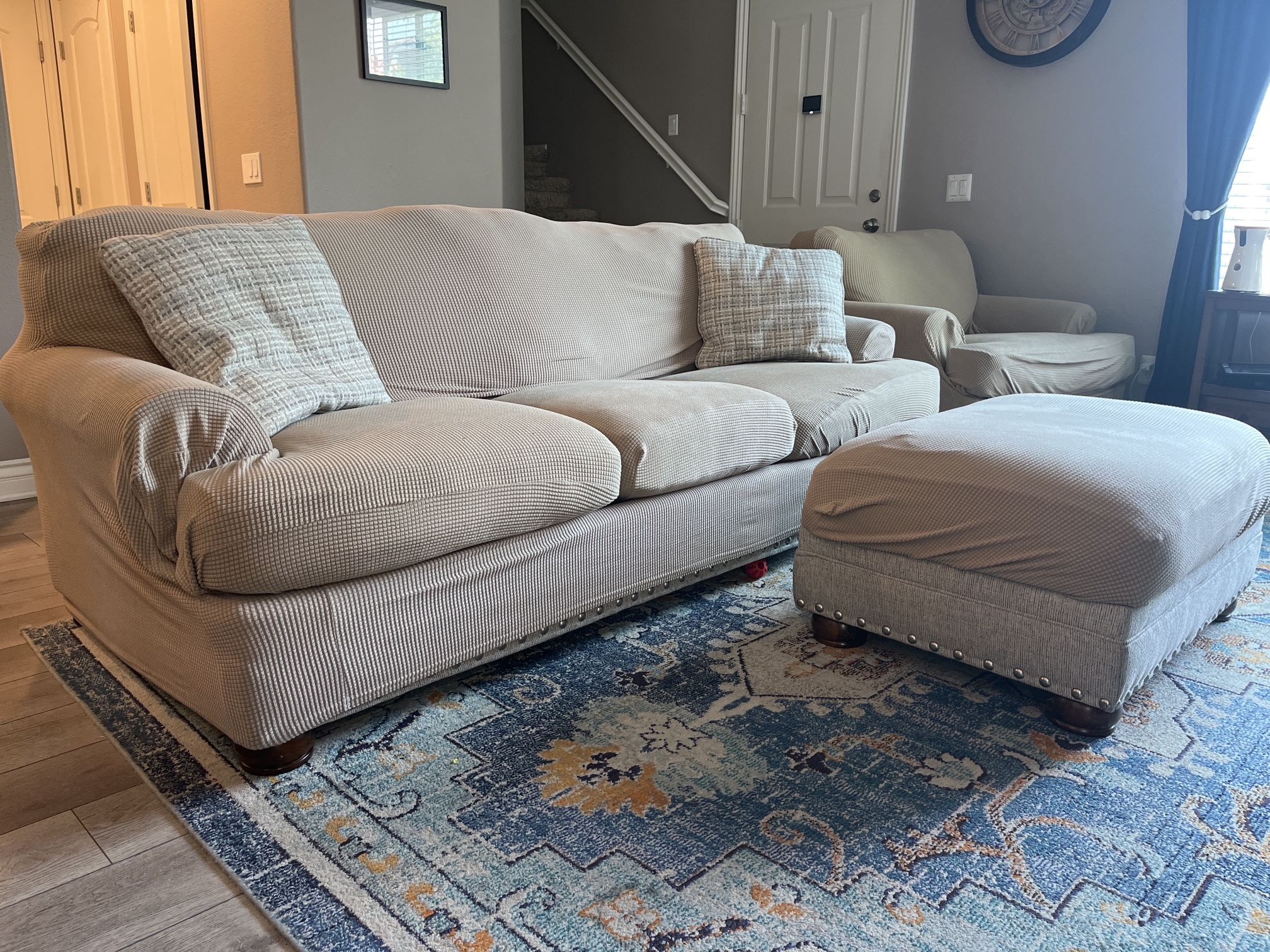 Sofa, Chair, Ottoman, and Two Pillows