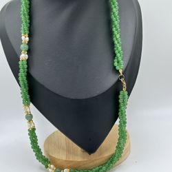 Jadeite Seed Pearls Twisted 25” Strand Necklace Gold Tone Beads Great Condition
