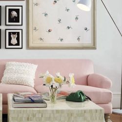 Anthropologie Linen Sofa Grand Willoughby Petal Pink 3 Cushion Wilcox, Wood Feet