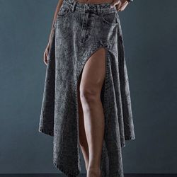 Denim Asymmetrical Hem High Slit Distressed Pattern Detail Skirt For Women