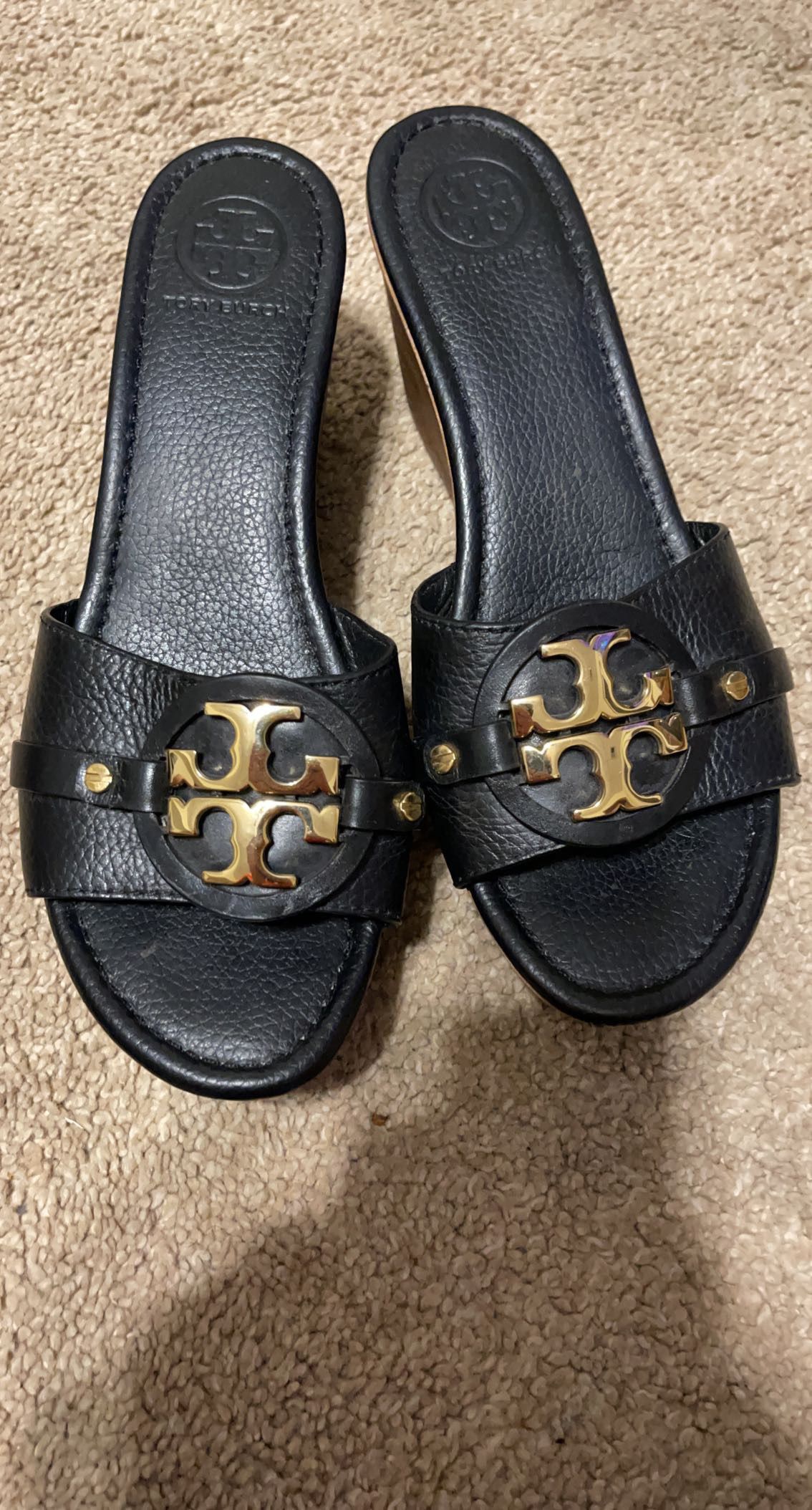 Womens Tory Burch Black Leather Wedge Sandals