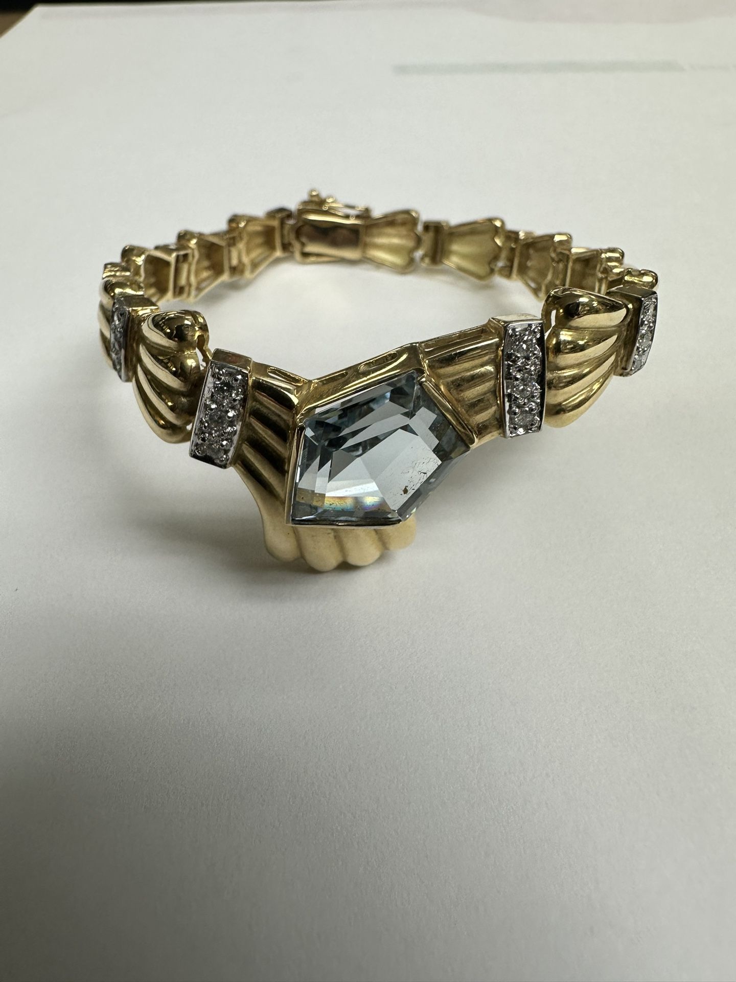 14K Diamond And Aquamarine Bracelet  7 Inch 