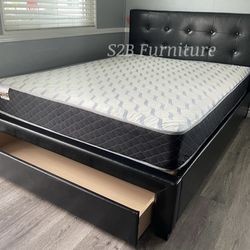 Queen Size Black leatherette bed with Orthopedic Mattress & drawer