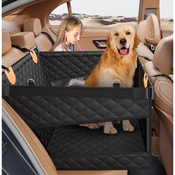 PETICON Large Dog Car Seat, Back Seat Extender for Dogs with 3 Mesh Windows, Waterproof Medium Carseat for Dogs with Hard Bottom, Pet Seat Cover for C