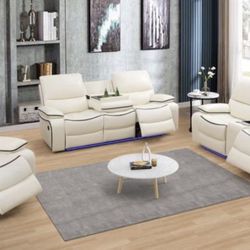 Power Electric White Leather Fully Reclining Couch Set