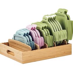 New Umilife Kitchen Cabinet Organizer for Food Storage Container Lids, with Adjustable Dividers, Bamboo Drawer Caddy, Box for Kitchen Storage And Orga