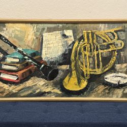 Superb Midcentury Still Life Oil Painting of Musical Instruments by J. Collins