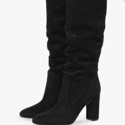 JuatFab Women Slouchy Wide Calf Knee High Boots Round Toe Chunky Block High Heels Pull On Fall Winter Daily Work Dress