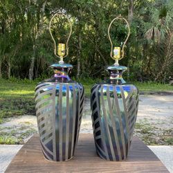 Vintage Pair Of Iridescent Purple And Stripped Harris Lamps 