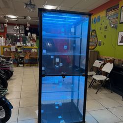 Glass Display Cabinet, 5-tier Display Cabinet With Lock, Bookcase with 3 Colour Led Lights