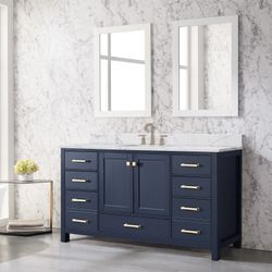 60 inch Single Sink Vanity,Single sink bathroom vanity with white engineered wood top Blue