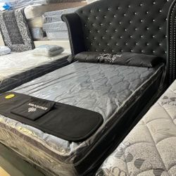 Grey Bed Queen Bed Velvet Tufted NEW