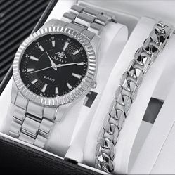 2pc Men Silver Quartz Watch With Stainless Steel Cuban Chain Bracelet Business Casual Watch Bracelet Set