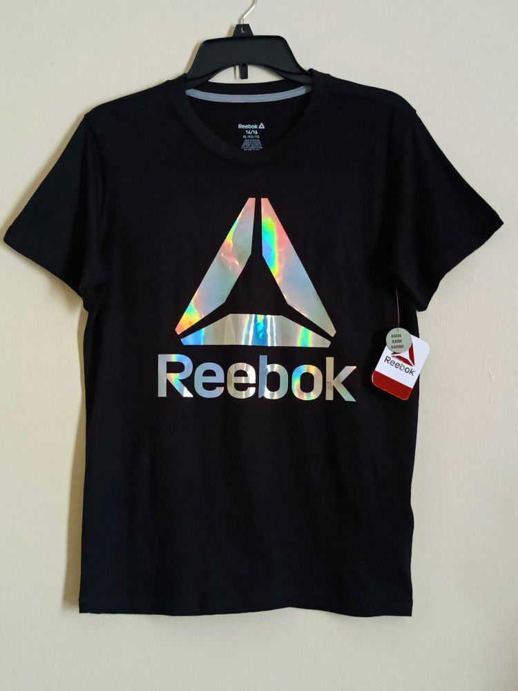 "NWT" Reebok Graphic Black Holographic Tee For Boys/Girls Size XL 14/16.