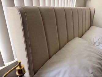 Queen Upholstered Bed Frame – Beige/Tan – Excellent Condition