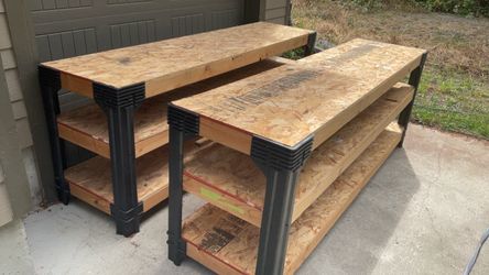 2 heavy duty wooden work benches with shelves - 8 feet long