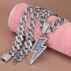 3-Pcs Iced Out 14K White Gold-Plated Light Blue & Silver Cubic Zirconia Lightning Bolt Pendant With 20"Miami Cuban Chain Necklace & Bracelet 