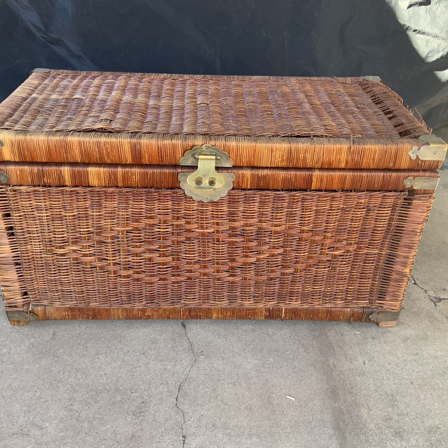 Vintage Wicker Trunk Chest With Brass Clasps