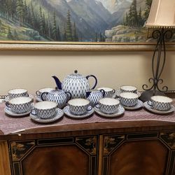 Lomonosov Imperial Porcelain Tea Set Service Tulip Cobalt Net