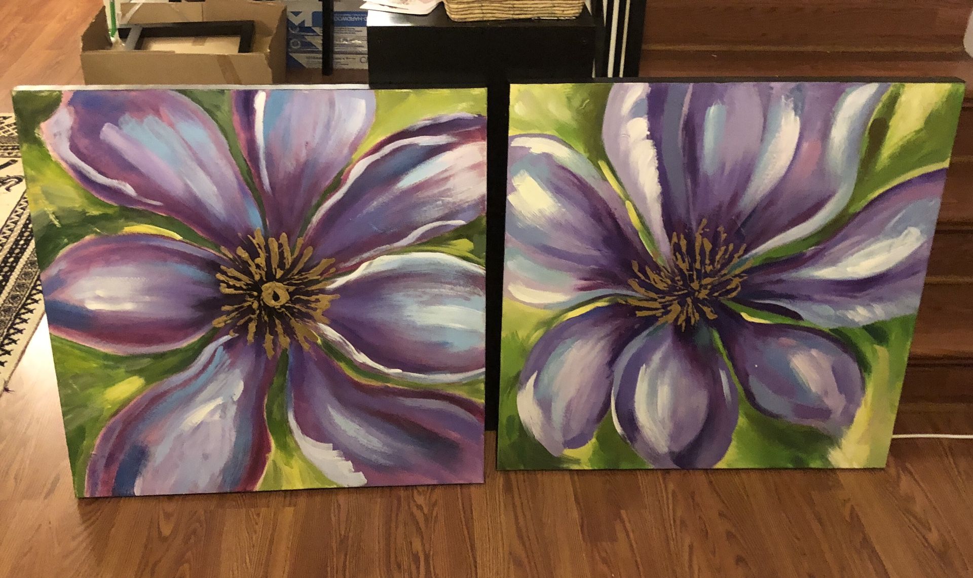 2 canvas paintings - purple flowers 26inches square