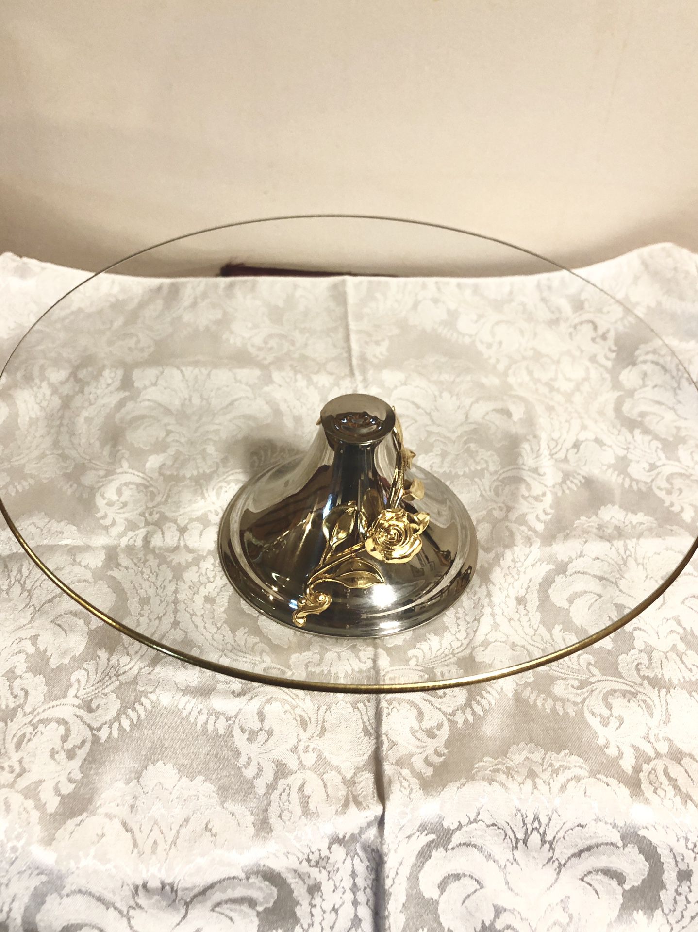 Glass Cake Stand with Silver Pedestal Base Gold Rose Vine