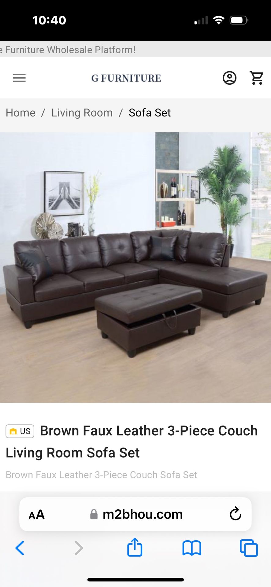 Brown Faux Leather Sectional With Ottoman 