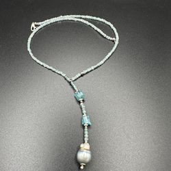 Blue apatite choker with Tahitian saltwater pearl natural pale grey color 925 sterling silver, 15" length, minimalist style jewelry