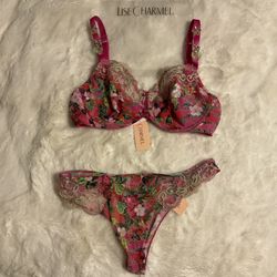 Lise Charmel Envolee De Fleurs Fuschia 34DD Bra and thong Large $315