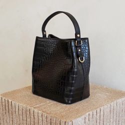 Black Leather Croc Bag