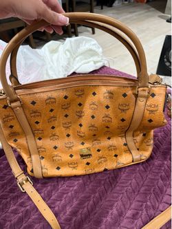 Preloved Visetos Satchel in cognac featuring a signature monogram print and gold hardware.r