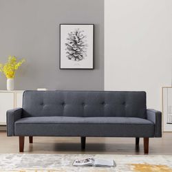 Convertible Futon Upholstered Sleeper Sofa Bed, Modern Linen Folding Couch Bed with 5 Solid Wood Legs for Studio, Apartment, Office, Small Space (Gray