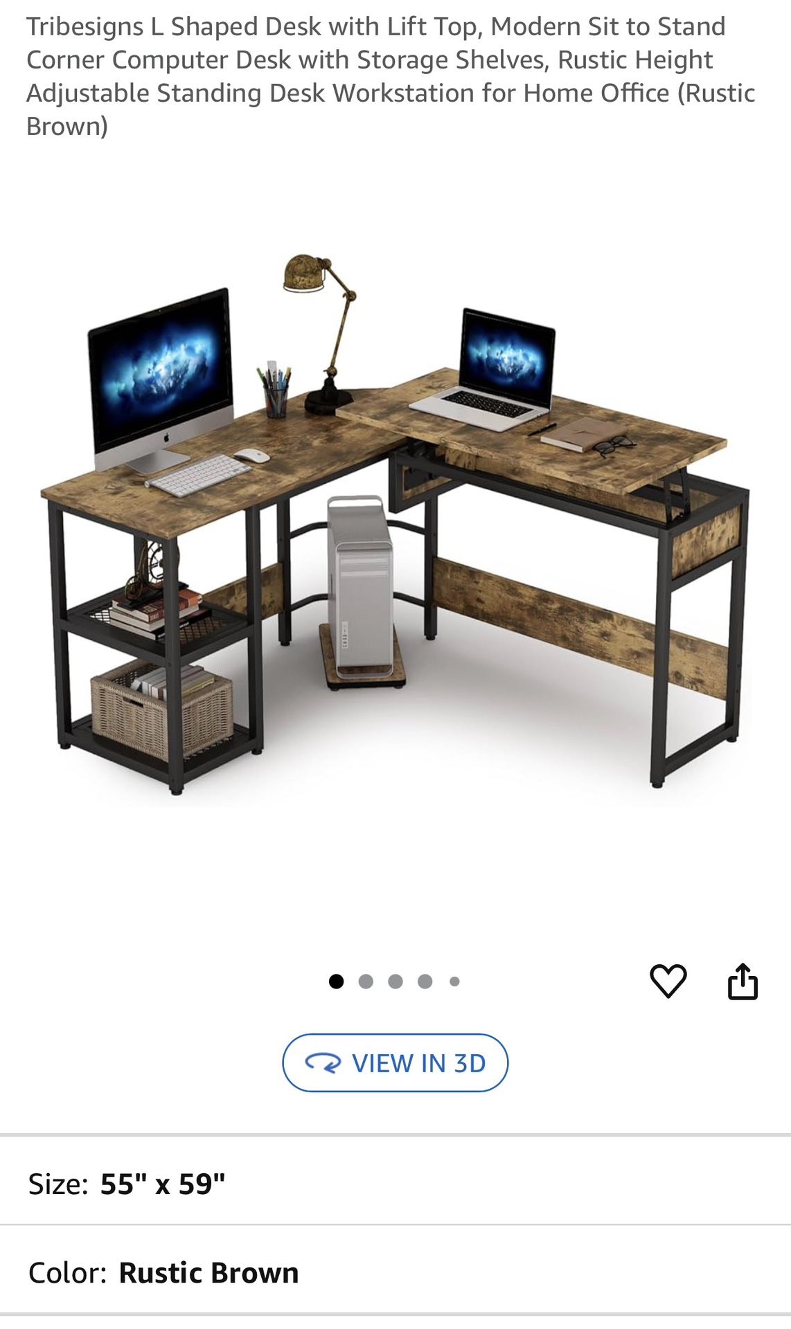 Tribesigns Rustic L Shaped Desk with Lift Top, Modern Sit to Stand Corner Computer Desk with Storage Shelves