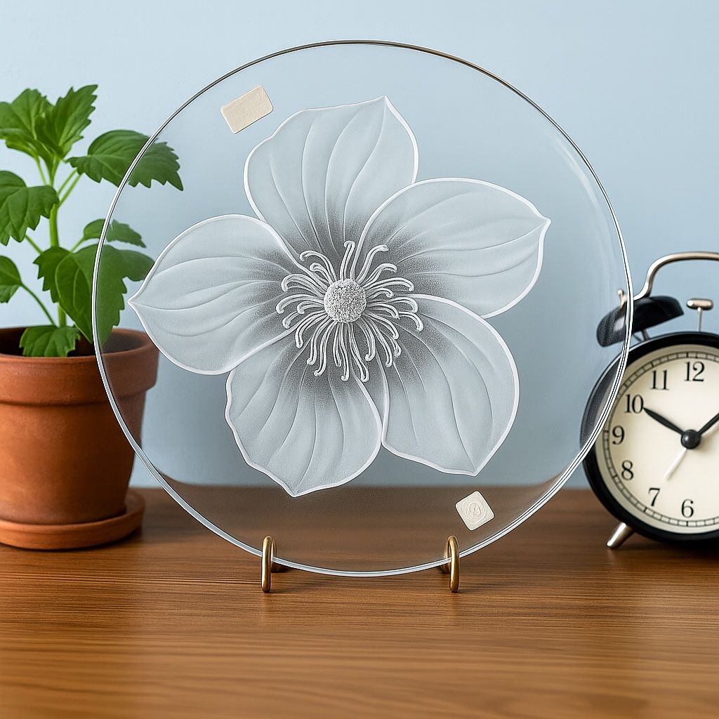 Sasaki Slovenia 1980s Frosted Glass Etched Dogwood Blossom Flower Plate, 12”