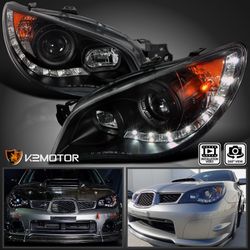 Black Fits 2006-2007 Subaru Impreza WRX STI Projector Headlights LED Strip 06-07