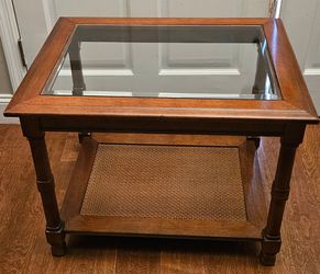 Wood End Table with Glass Top and Cane Shelf