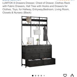 LUMTOK 8 Drawers Dresser, Chest of Drawer, Clothes Rack with Fabric Drawers, Hall Tree with Hooks and Drawers for Clothes, Toys, for Hallway, Entryway