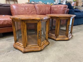 Vintage Wooden Curio Cabinet Hexagonal End Tables (Set of 2)