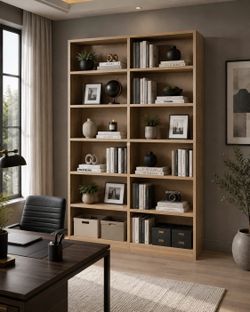 Bookshelf Tall Bookcase, 6-Tier Double Wide Bookshelves,Light Oak Freestanding Display Storage Shelves, Tall and Large Book Shelves for Home Decor Bed