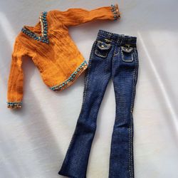 Barbie Best Models - On Location South Beach (2006) Orange Longsleeve Bohemian Blouse And Jeans 